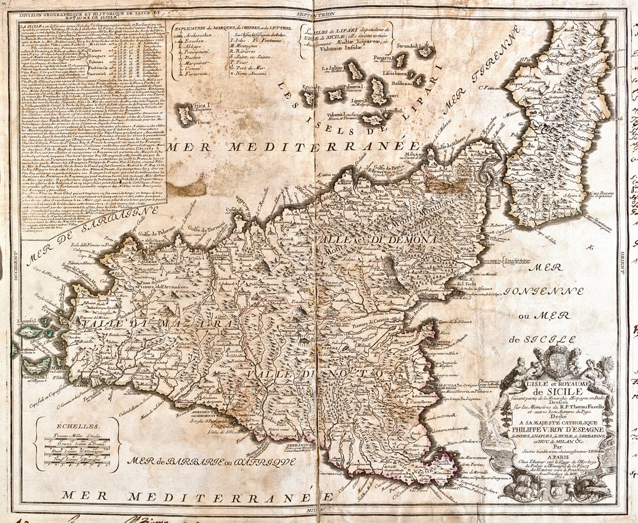 シチリア王国（イタリア）の地図（エングレービング 作： ジャン・バプティスト・ノーリン