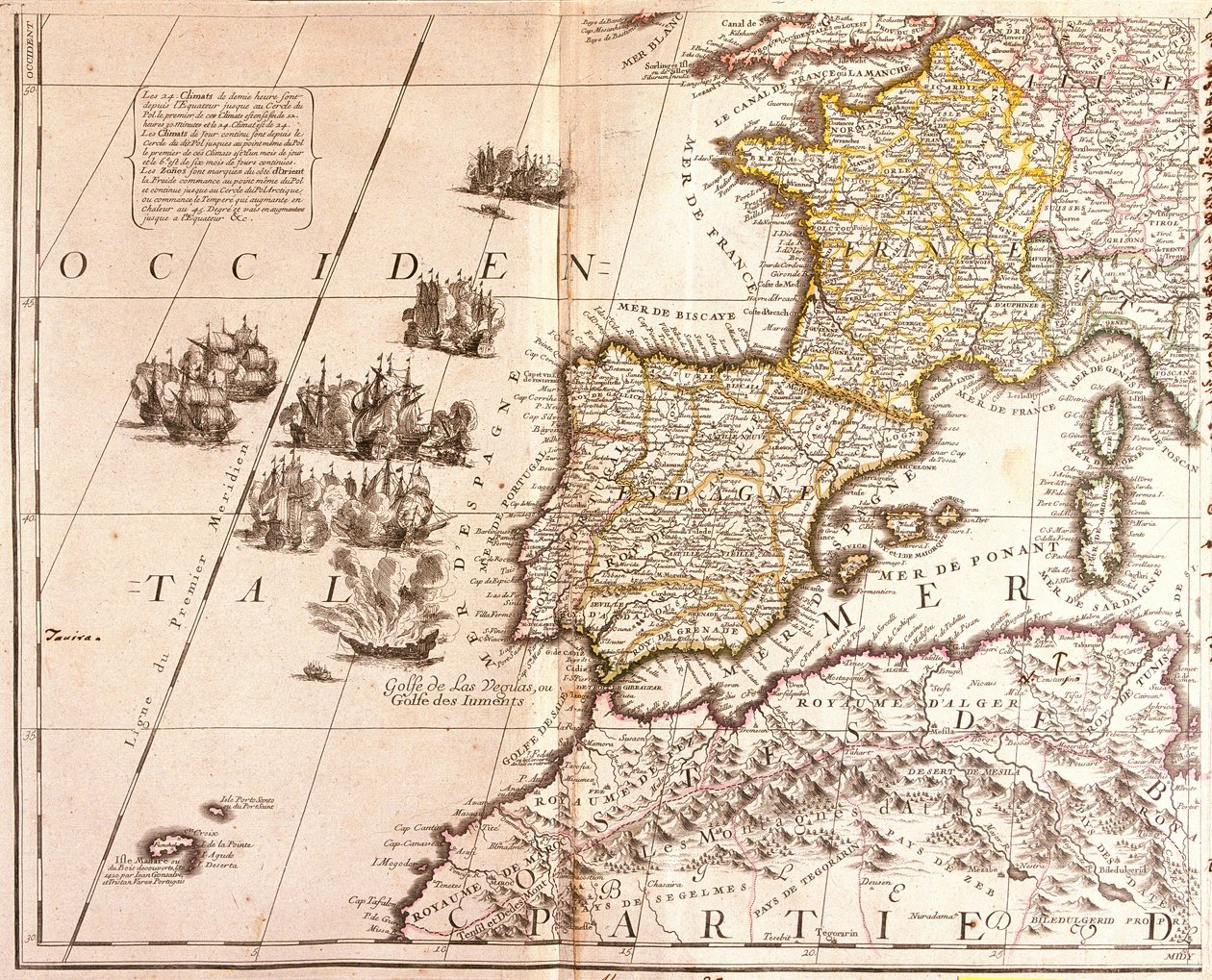 西地中海諸国の地図です。フランス、スペイン、ポルトガル、北アフリカ（モロッコ、アルジェリア、チュニジア）、バレアレス諸島、コルシカ島、サルデーニャ島を含む（エッチング 作： ジャン・バプティスト・ノーリン