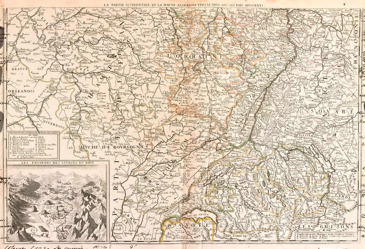 ライン川周辺（ドイツ、スイス、フランス）の地図（エングレービング