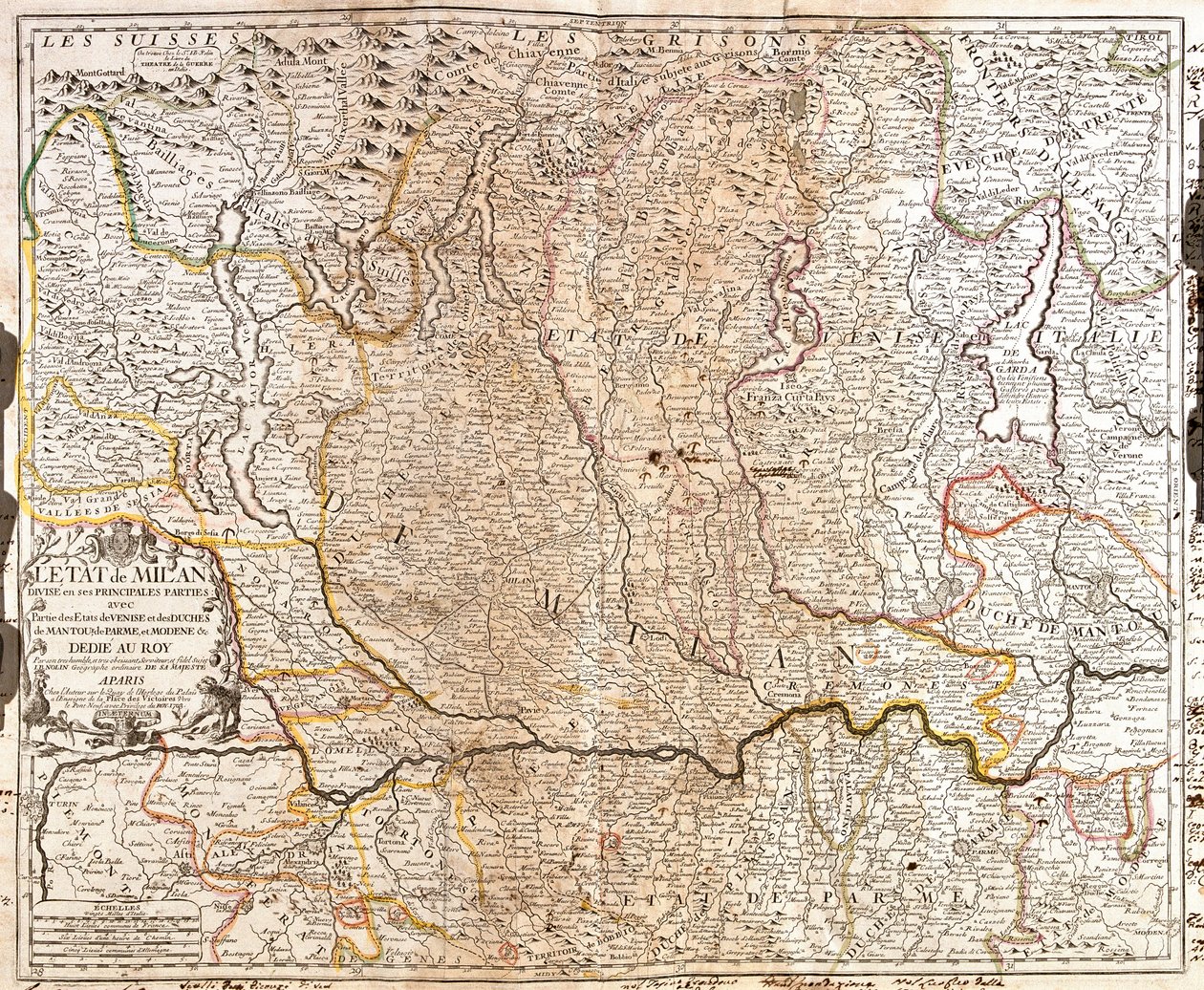 イタリア・ミラノ周辺地図（エングレービング 作： ジャン・バプティスト・ノーリン