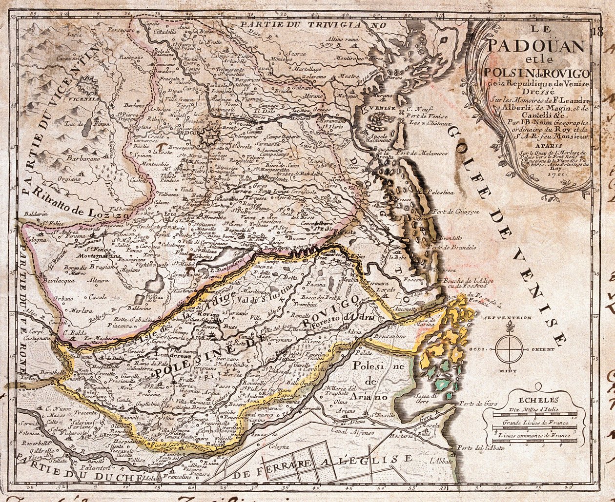 パドヴァとポレジーネ（イタリア）の地域地図（エングレーヴィング 作： ジャン・バプティスト・ノーリン