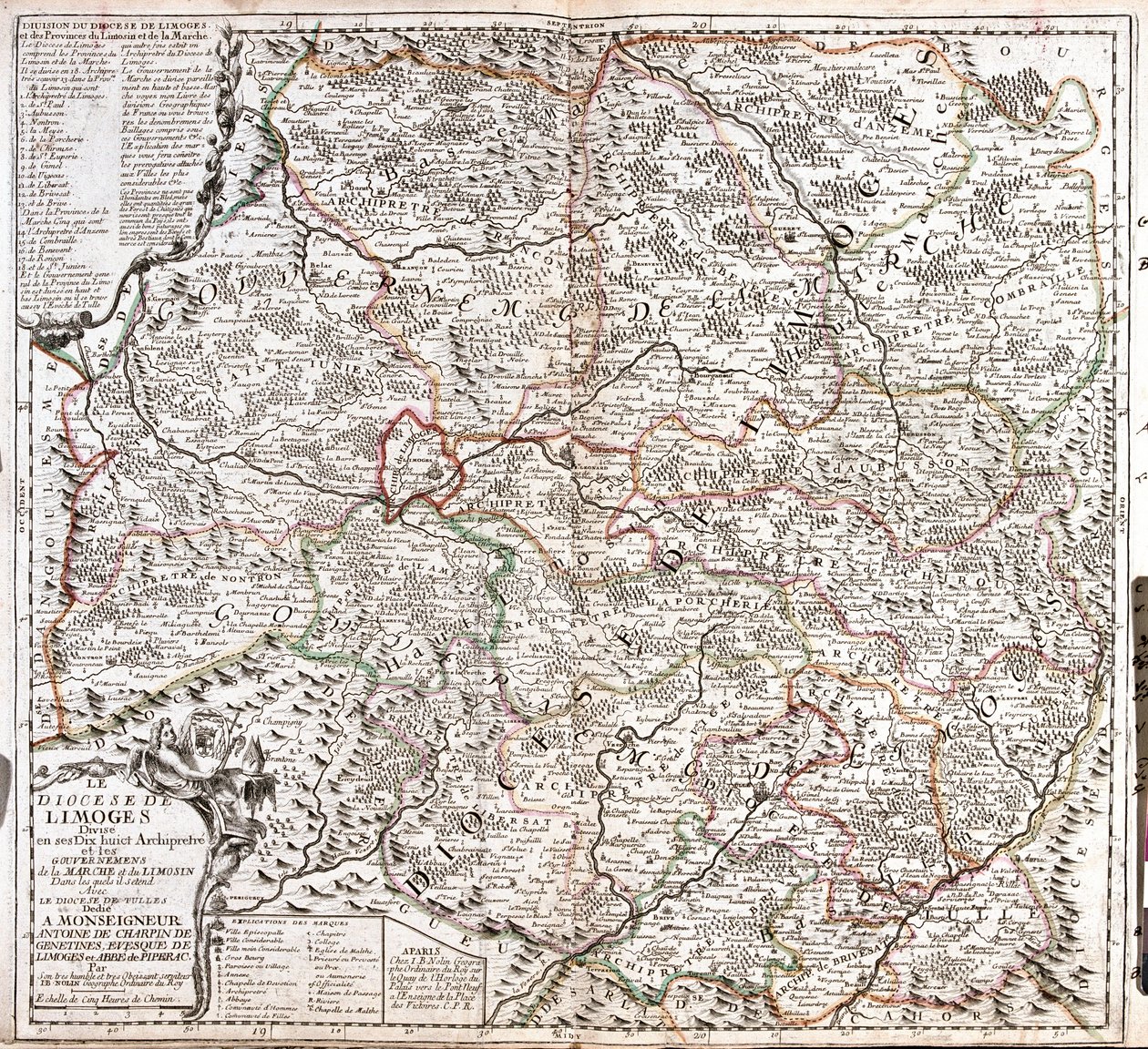 リモージュ教区（フランス）の地図（エングレーヴィング 作： ジャン・バプティスト・ノーリン