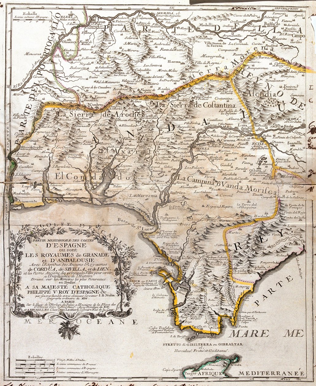 グラナダとアンダルシア（スペイン）王国の地図（エングレービング 作： ジャン・バプティスト・ノーリン