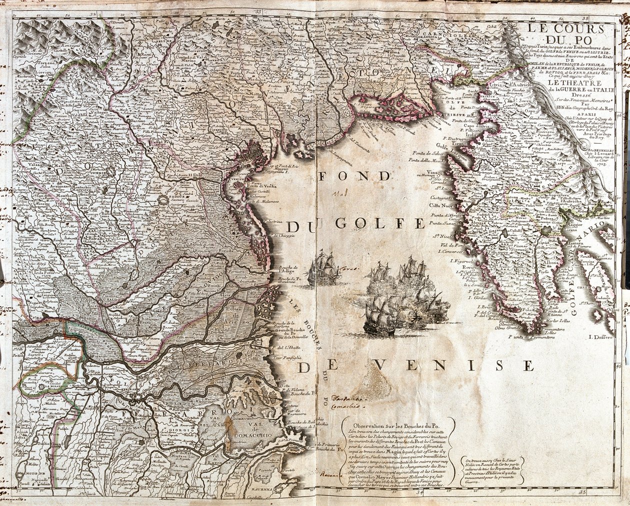 イタリアのポー川河口の地図（エングレービング 作： ジャン・バプティスト・ノーリン