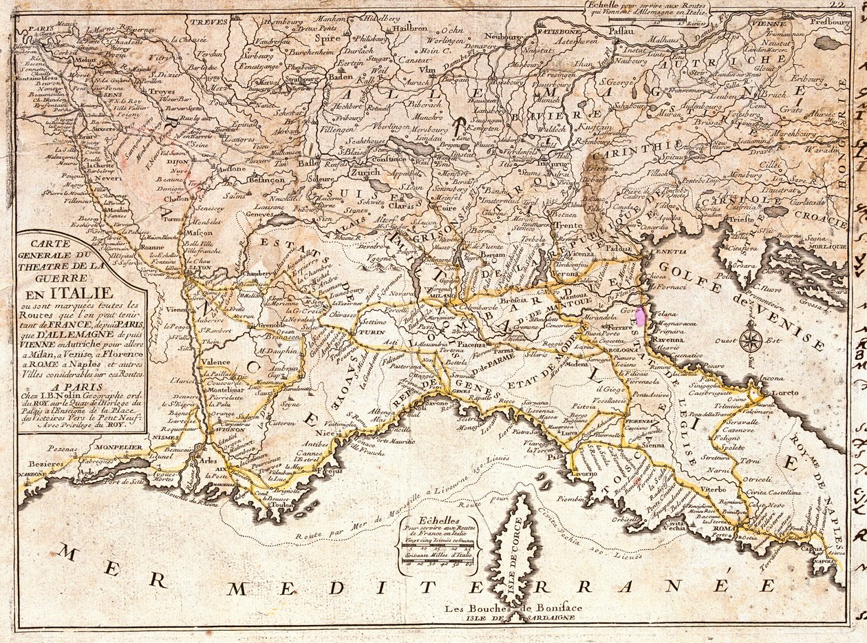 ヨーロッパからイタリアの主要都市への道の地図（エングレービング 作： ジャン・バプティスト・ノーリン