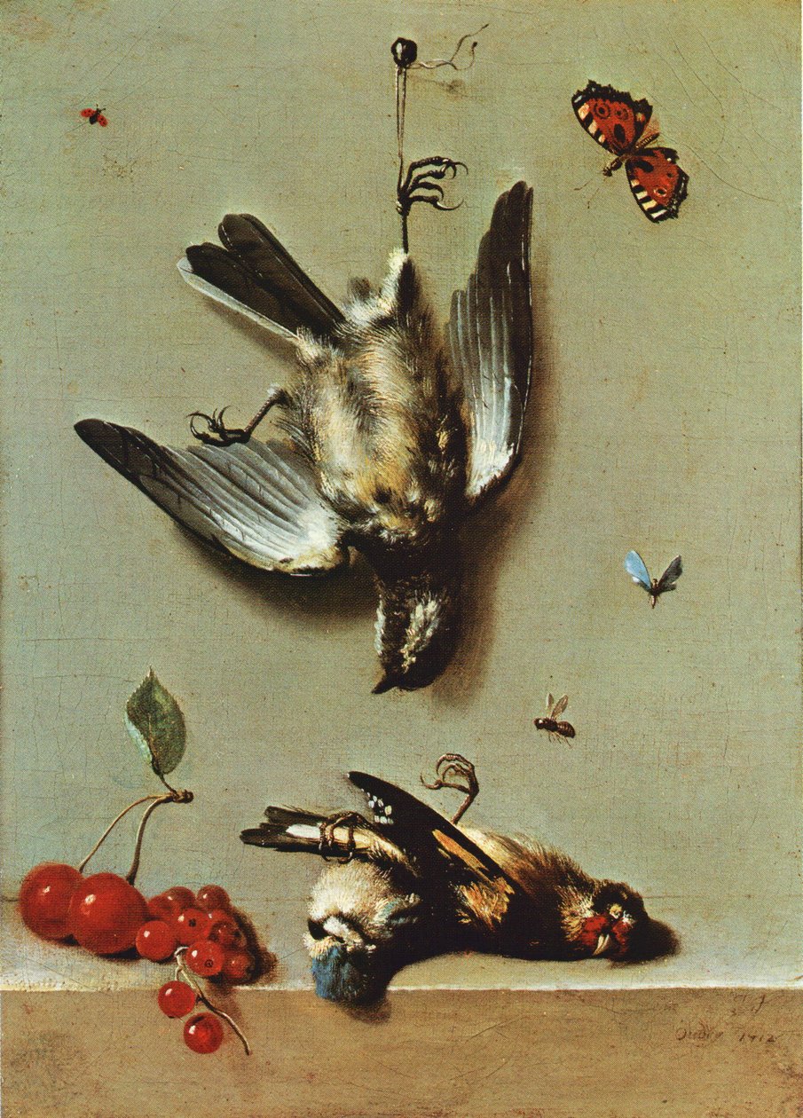3羽の鳥、スグリ、サクランボ、昆虫のいる静物
