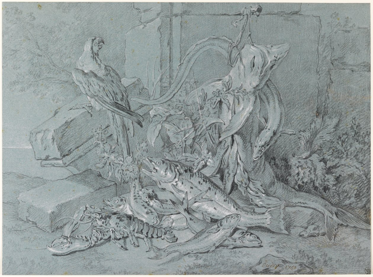 魚とオウムの静物画 作： ジャン・バプティスト・オードリー