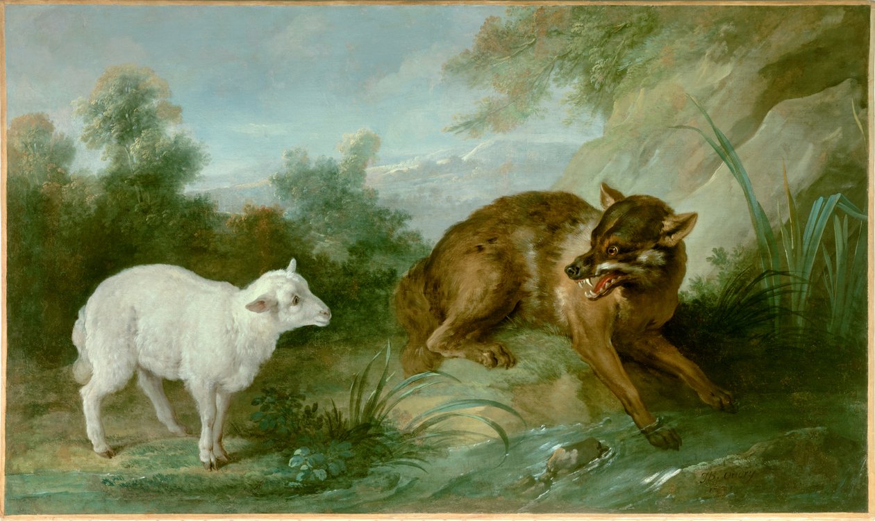 狼と子羊。ジャン・ド・ラ・フォンテーヌ（1621-1695）の寓話の挿絵。ジャン・バティスト・ウードリー（1686-1755）の絵画 作： ジャン・バプティスト・オードリー