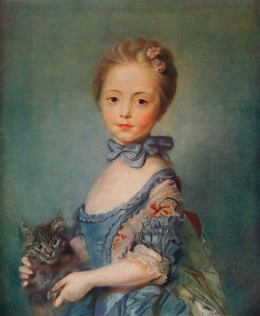 絵画　仔猫 子猫を持つ少女、c1743