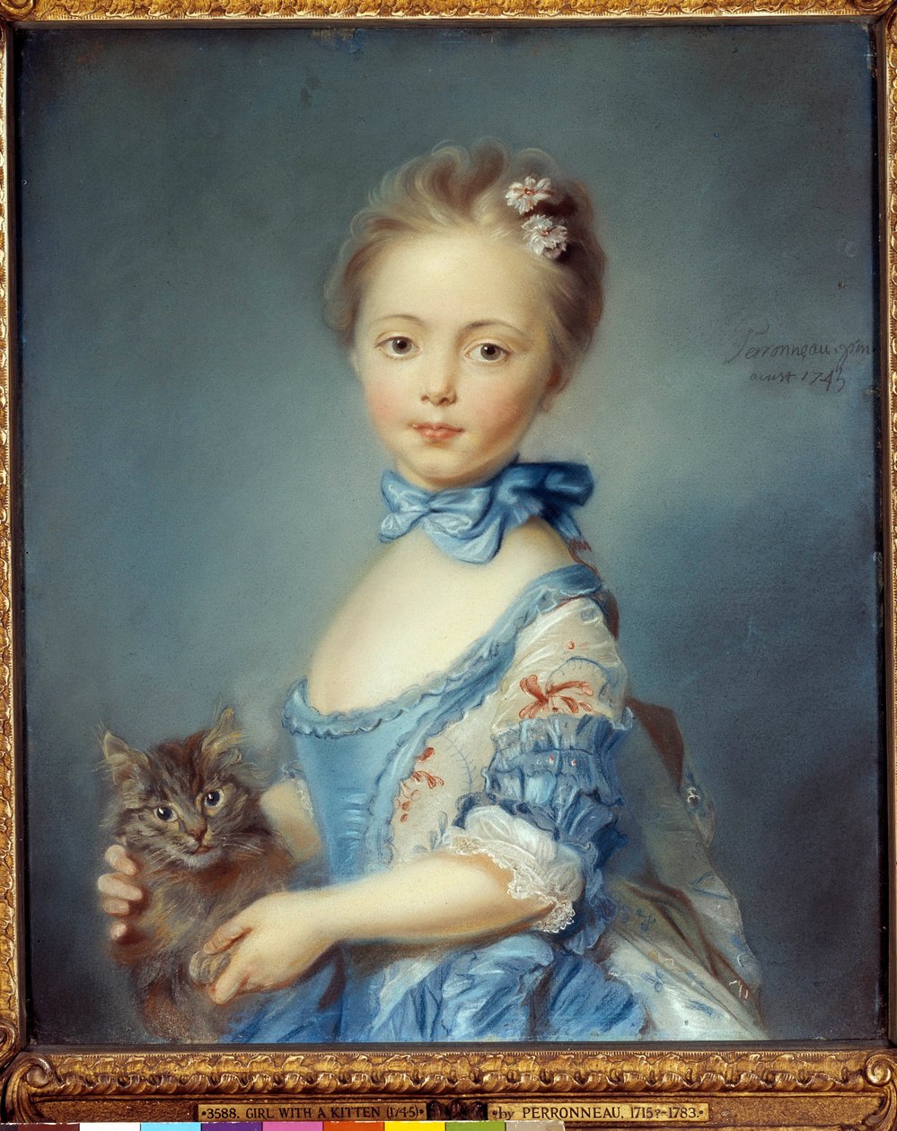 ジャン・バティスト・ペロノー（Jean Baptiste Perronneau）のパステル画による「猫を連れた少女の肖像」（1715～1783年 作： ジャン＝バティスト・ペロノー