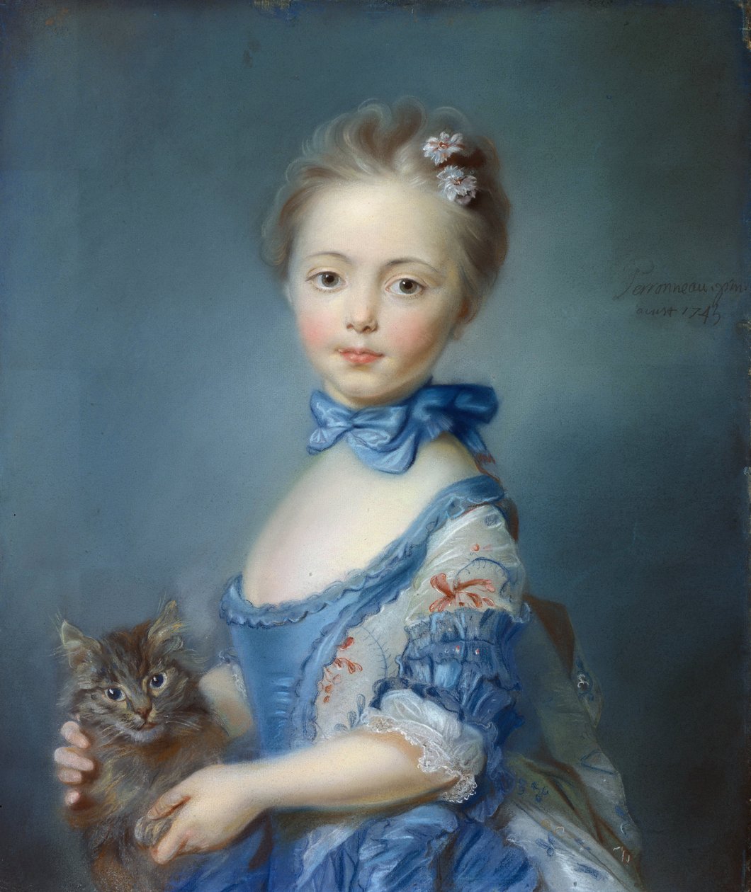 猫を連れた少女の肖像」 パステル画 ジャン・バティスト・ペロノー（Jean Baptiste Perronneau）（1715-1783）作 作： ジャン＝バティスト・ペロノー