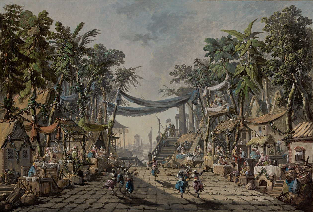 想像上のオリエンタル ポートの市場シーン、c。 1764年（キャンバスに油彩） 作： ジャン・バプティスト・ピレメント
