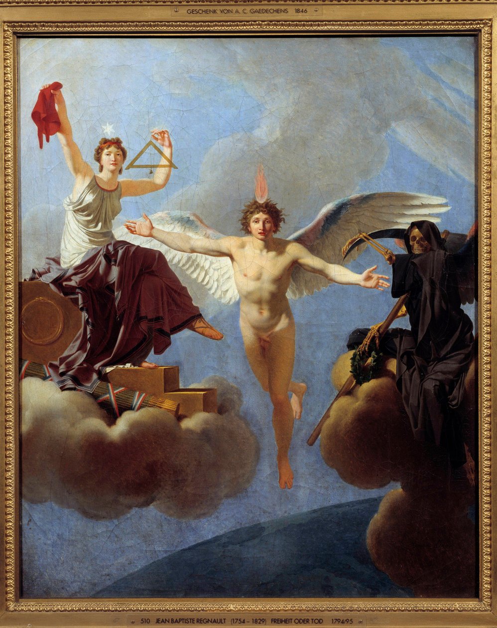 La Liberte ou la Mort 左側のAllegorie de la Liberteは、Siecle des Lumieresの遺産であるDiademe de la Reasonで覆われています。左手には、市民権の平等を象徴する正方形と鉛線を持っています。の価値を体現しています。 作： ジャン＝バプティスト・レグノー