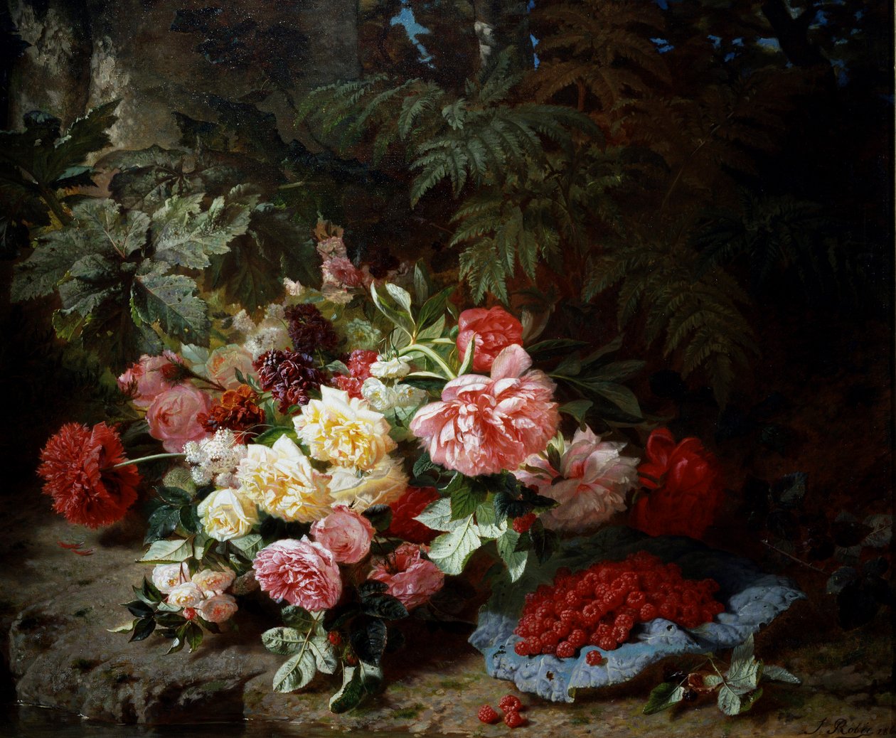 バラとラズベリーの静物画。ジャン・バティスト・ロビ（1821-1910）作 個人蔵 作： ジャン・バプティスト・ロビー