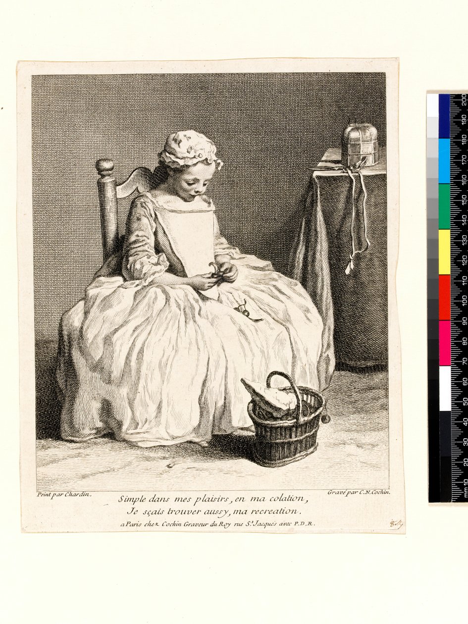 お弁当を持った少女（La Petite Fille aux Cerises）シャルル・ニコラ・コーチン1世（1688-1754）1738年（エッチング＆エングレーヴィング）の刻印 作： ジャン・バプティスト・シメオン（後）チャーディン