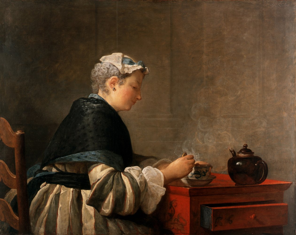 女性の油絵　茶系 お茶を飲む女性、1735 | アートプリント