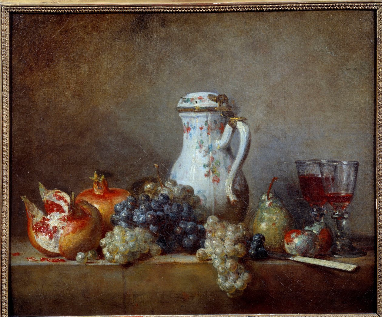 ぶどうと手榴弾 ジャン・バティスト・シメオン・シャルダン（1699-1779）の絵画 1763年 日。0,47x0,57 m - ブドウとザクロ。ジャン・バティスト・シメオン・シャルダン（1699-1779）の絵画 作： ジャン・バプティスト・シメオン・シャルダン