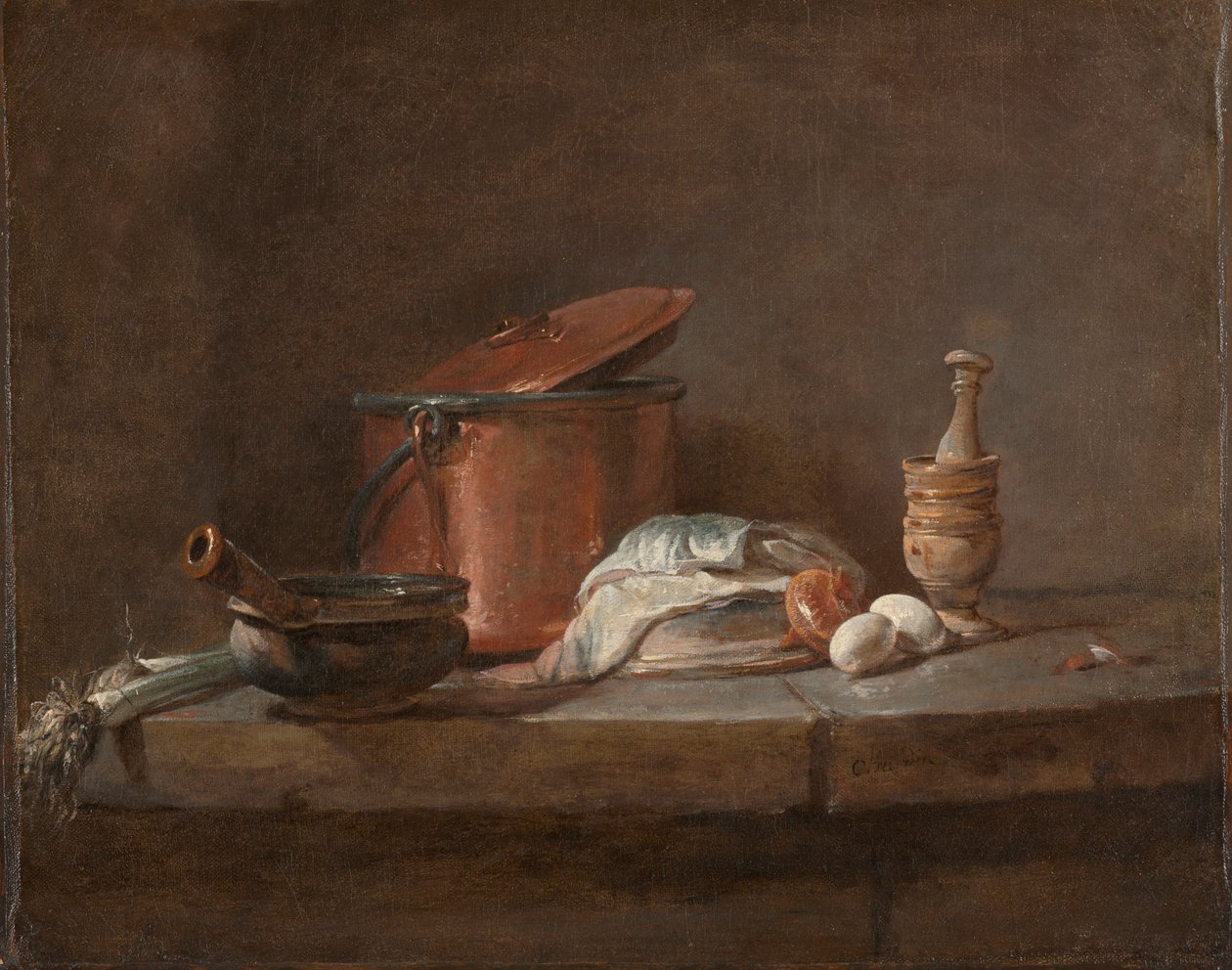 ネギ、魚、卵が入った調理器具c。 1734年。 作： ジャン・バプティスト・シメオン・シャルダン