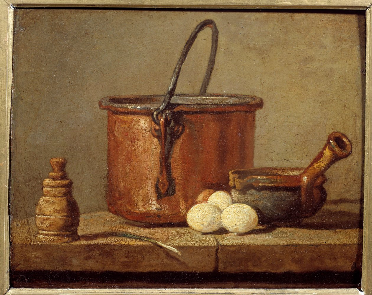 台所用品、大鍋、ポエロン、卵 ジャン・バプシテ・シメオン・シャルダン（1699-1779）の絵 18世紀 日0,21x0,17 m 作： ジャン・バプティスト・シメオン・シャルダン