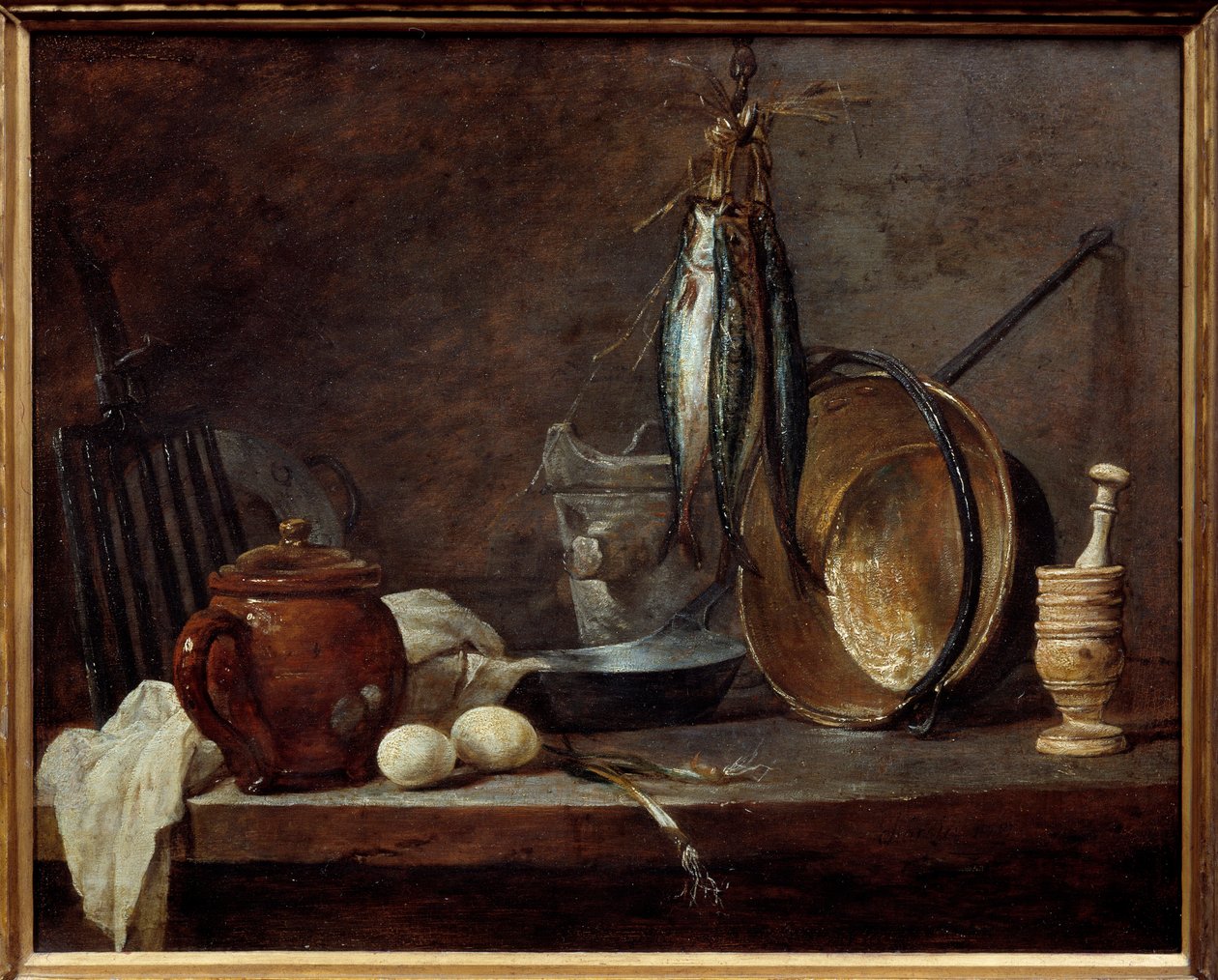 リーンのメニューとキッチン用品。静物画。ジャン・バティスト・シメオン・シャルダン（1699-1779）の絵画 作： ジャン・バプティスト・シメオン・シャルダン