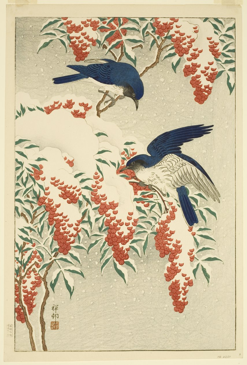 雪の南天に飛ぶ鳥（カラー木版画