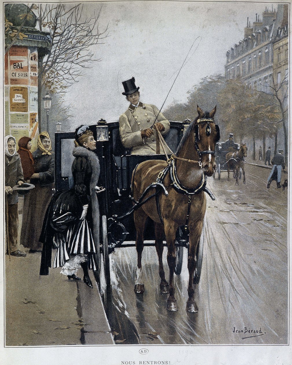 パリの馬車に乗った優雅な女性：「私たちは帰る」-Jean BERAUD（1849 - 1935）のイラスト、19世紀後半。 作： ジャン・ベロー
