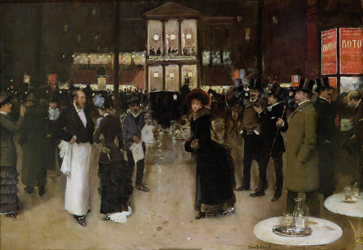 夜のモンマルトル大通り、テアトル デ ヴァリエテの前、1885 年。 作： ジャン・ベロー