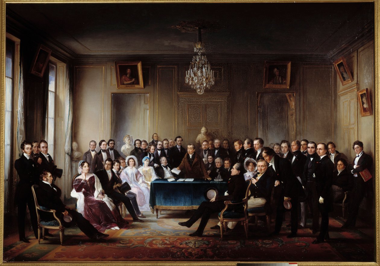 Der Dichter und Dramatiker François Guillaume Andrieux liest seine Tragödie Junius Brutus im Foyer der Comédie Française am 26.05.1828. Unter den Anwesenden Alexandre Dumas, Pierre Nicolas Michelot, Jean François Becquerel, Firmin, Victor Hugo, Eugène von Jean Beraud