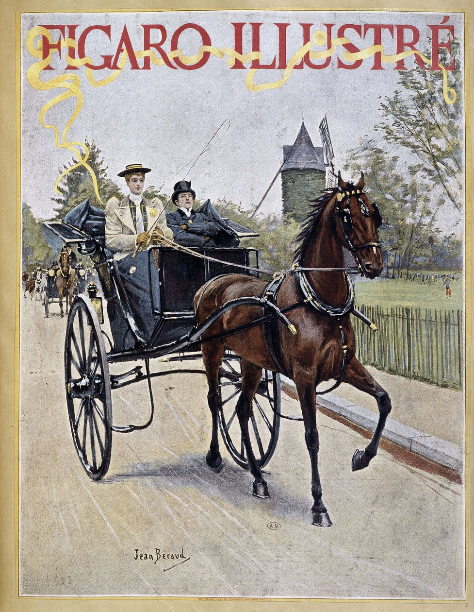 馬車を運転する女性とその隣に座る男性 - "Figaro Illustré "の表紙 作： ジャン・ベロー