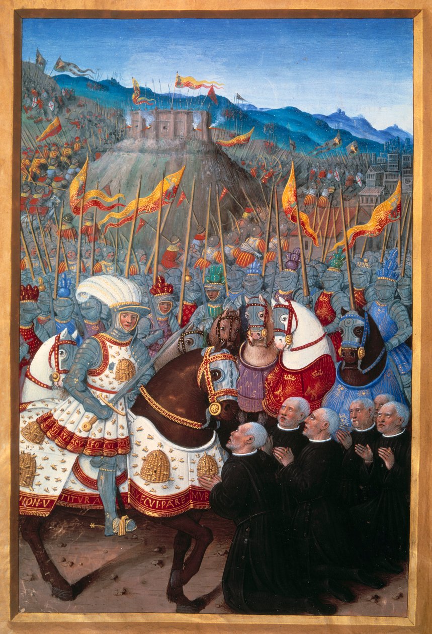ルイ12世（1462-1515）は、ジェネスから6人のブルジョワを跪かせて受け取った（1507年4月25日）。1508年にジャン・マロが執筆した「Voyage de Genes」（フォリオ20v）に掲載されたジャン・ブルディション（1457?パリ、B N 作： ジャン・ブルディション