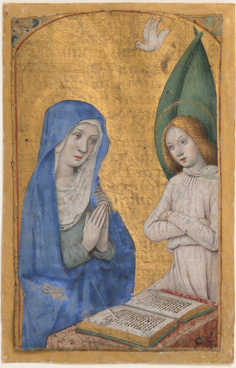 時祷書の受胎告知を描いた写本の葉、フランス、1485-90年頃。 作： ジャン・ブルディション