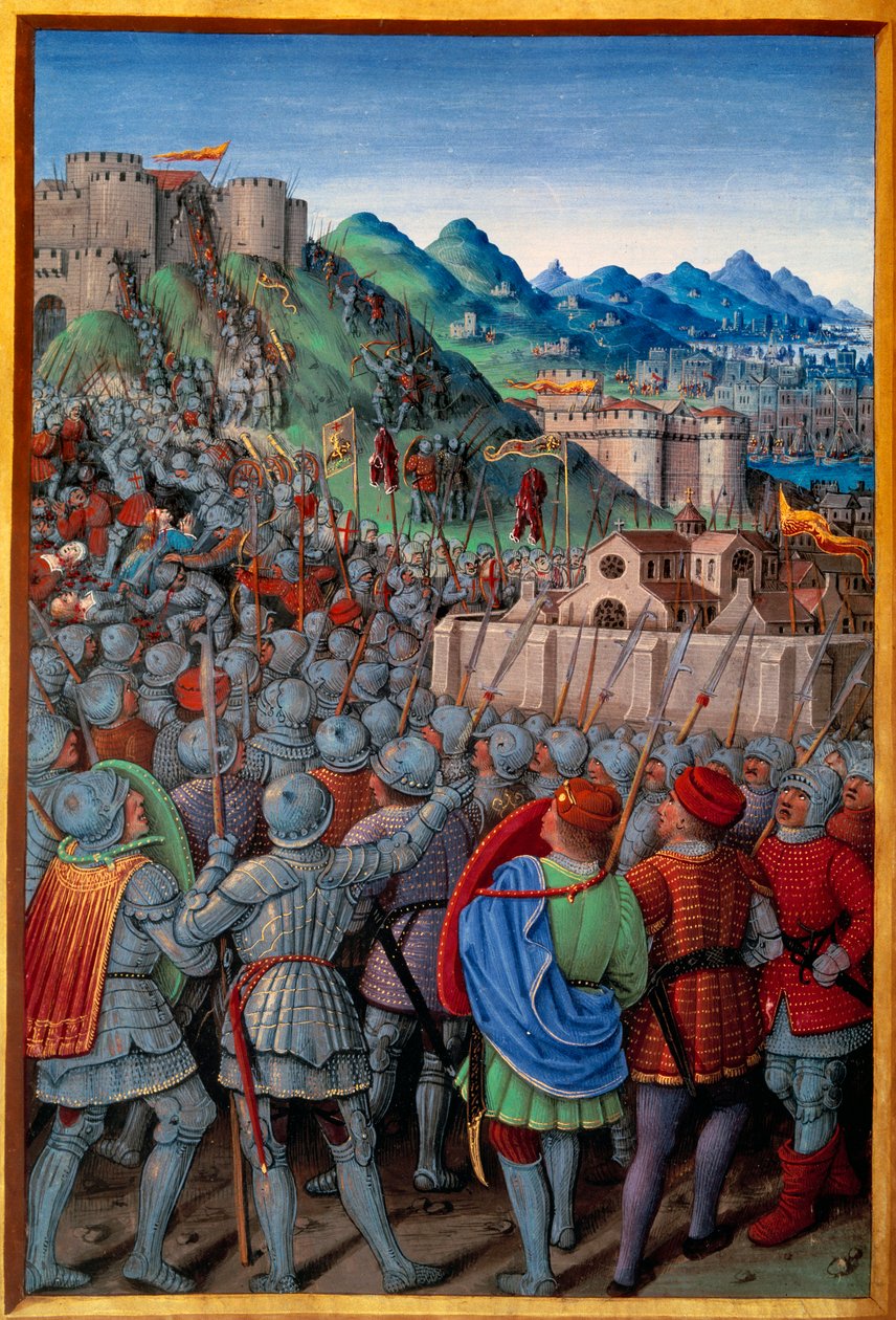 ジェノワは、フランス人が守るCastellacio de Genesを攻撃した（1507年3月12日）。1508年にジャン・マロが執筆した「Voyage de Genes」（Folio 20v）に掲載されているジャン・ブルディション（1457?-1521）のミニチュア。パリ、オランダ 作： ジャン・ブルディション