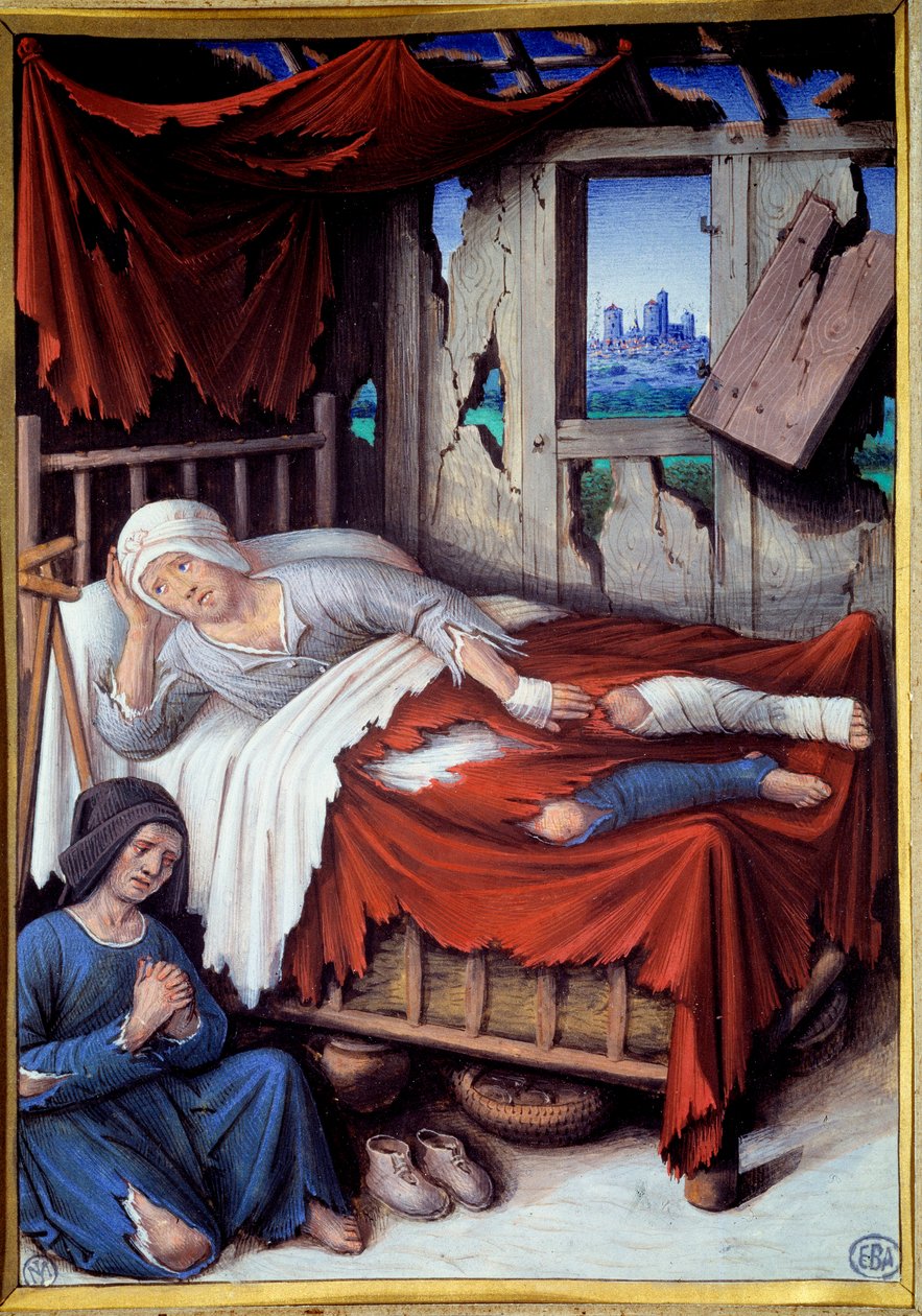 貧しい男の死。瀕死の男の枕元で女性が祈る。ジャン・ブルディション（v.1457-1521）の絵 作： ジャン・ブルディション