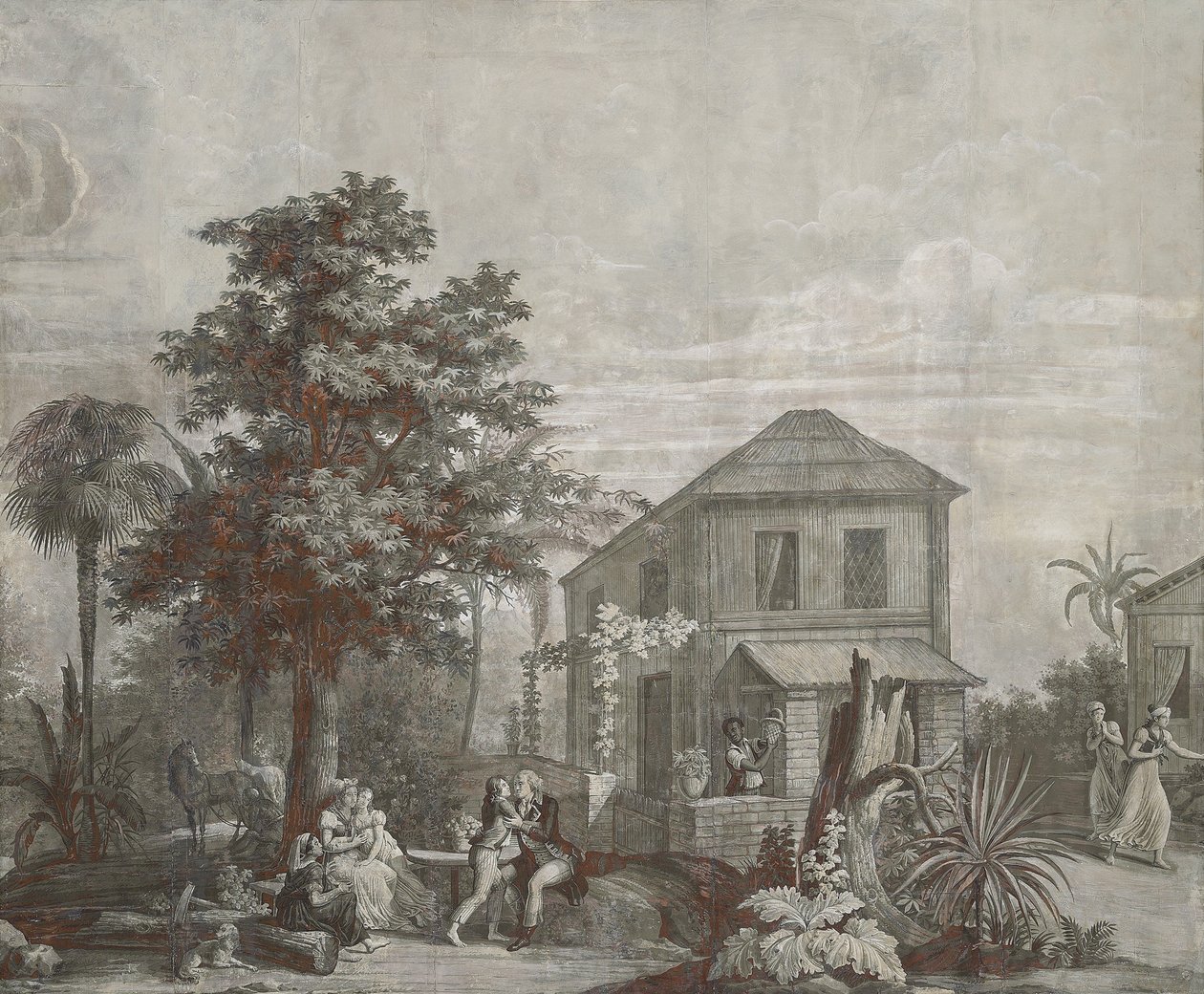 ファミリータイム、Dufour＆Cieによるシリーズ「Paulet Virginie」の壁紙パネル、c.1823 作： ジャン・ブロック