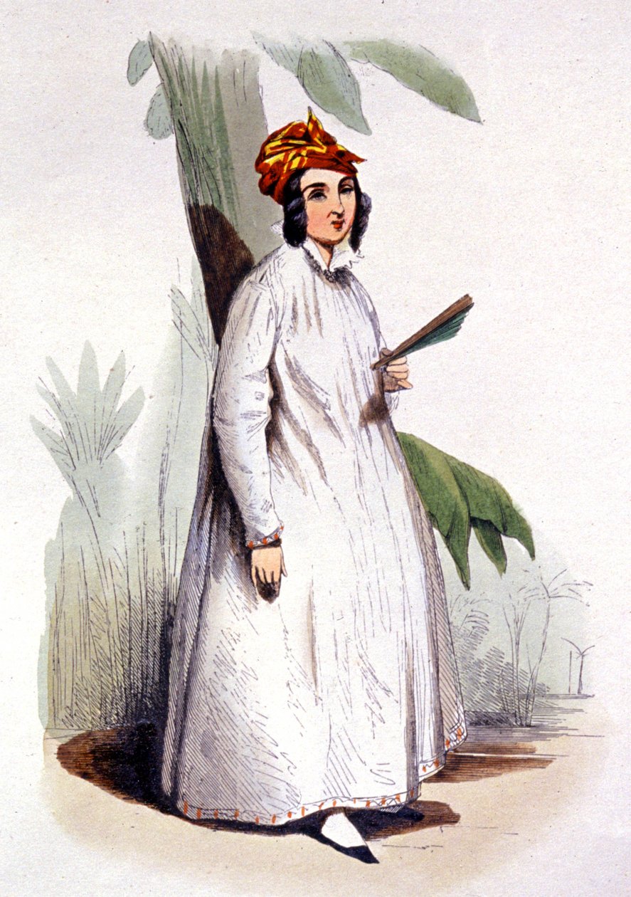 クレオールの女性、フランス領アンティル、1850年頃（エングレーヴィング） 作： ジャン・シャルル (1800-79) ポーケ