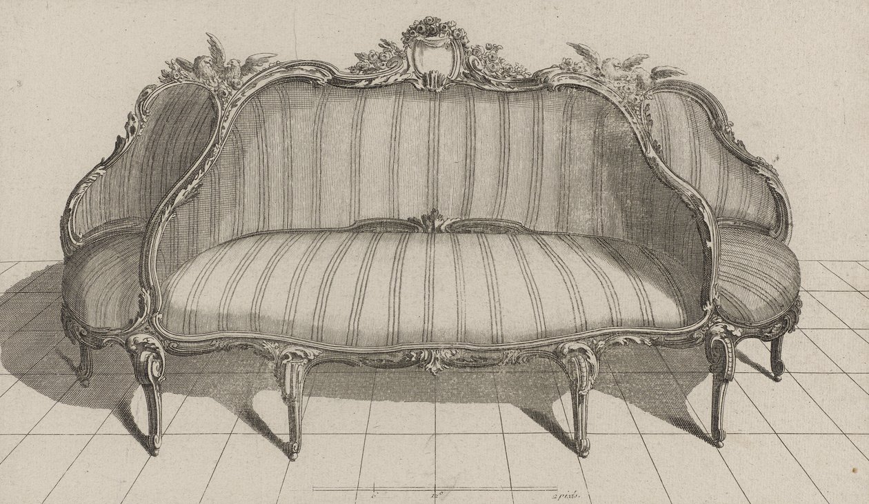 Canapé à Jouë dans le gout Pictoresque（ジュエのカナッペ） 1770年代半ばに出版されたもの（敷紙にエングレービング 作： ジャン・チャールズ（後）デラフォッセ