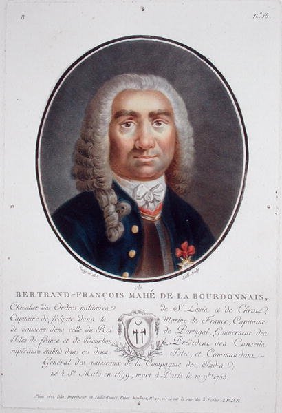 ベルトラン・フランソワ・マエ・ド・ラ・ブルドンネ（1699-1753）、ライドの彫刻による「フランスの偉大な男性、輝かしい女性、記憶に残る人々の肖像」より、1787-92年に出版されたカラーリトグラフ。 作： ジャン・クロード（後）ナイジョン