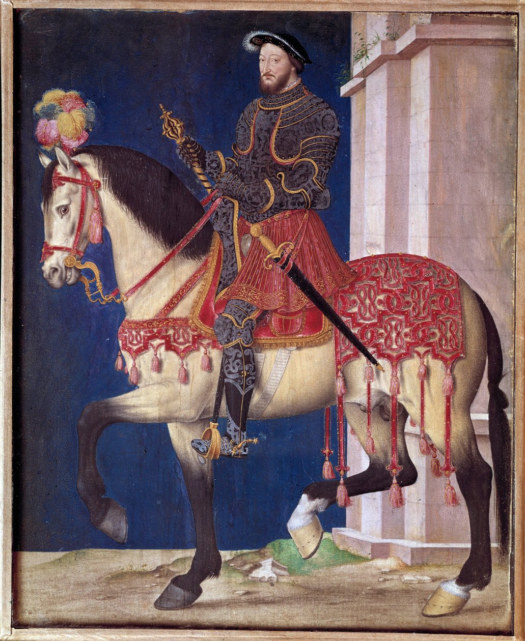 フランソワ1世（1494-1547）の騎馬像。ジャン・クルエ（1475/1485-1540）の流派の絵画 作： ジャン・クルーエ
