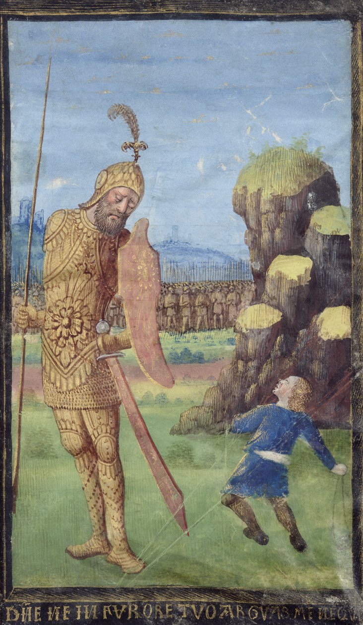 デイビッドとゴリアテ、時間の書、c.1470 作： ジャン・コロンブ