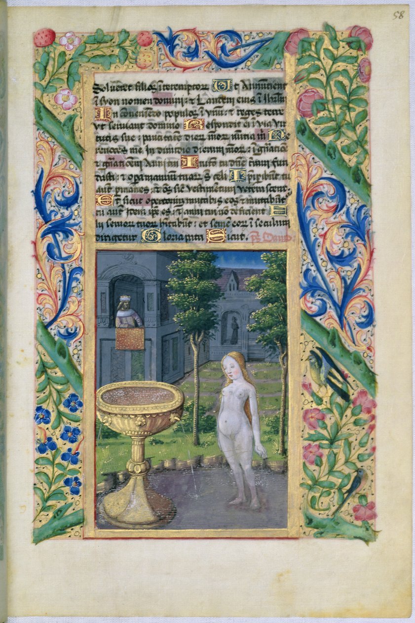 ラットさんQvI126 f.58ダビデが入浴中にバトシェバをスパイ、ルイドルレアンの時間の書、1469年 作： ジャン・コロンブ