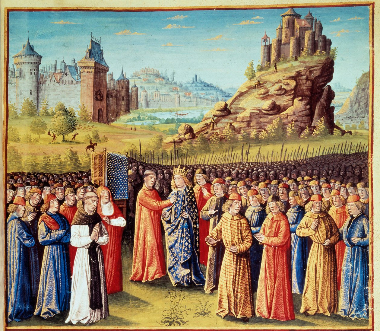 第二次十字軍（1147-1149）。国王ルイ7世（1120-1180）は、1146年3月31日、ヴェズレーにおいて、聖ベルナルド・ド・クレルヴォー（サン・ベルナルド・ディ・キアラヴァル）（1090-1153）とヴェルサイユ宮殿の前で十字架を背負った。また、多くの男爵たちも十字架を背負った。 作： ジャン・コロンブ