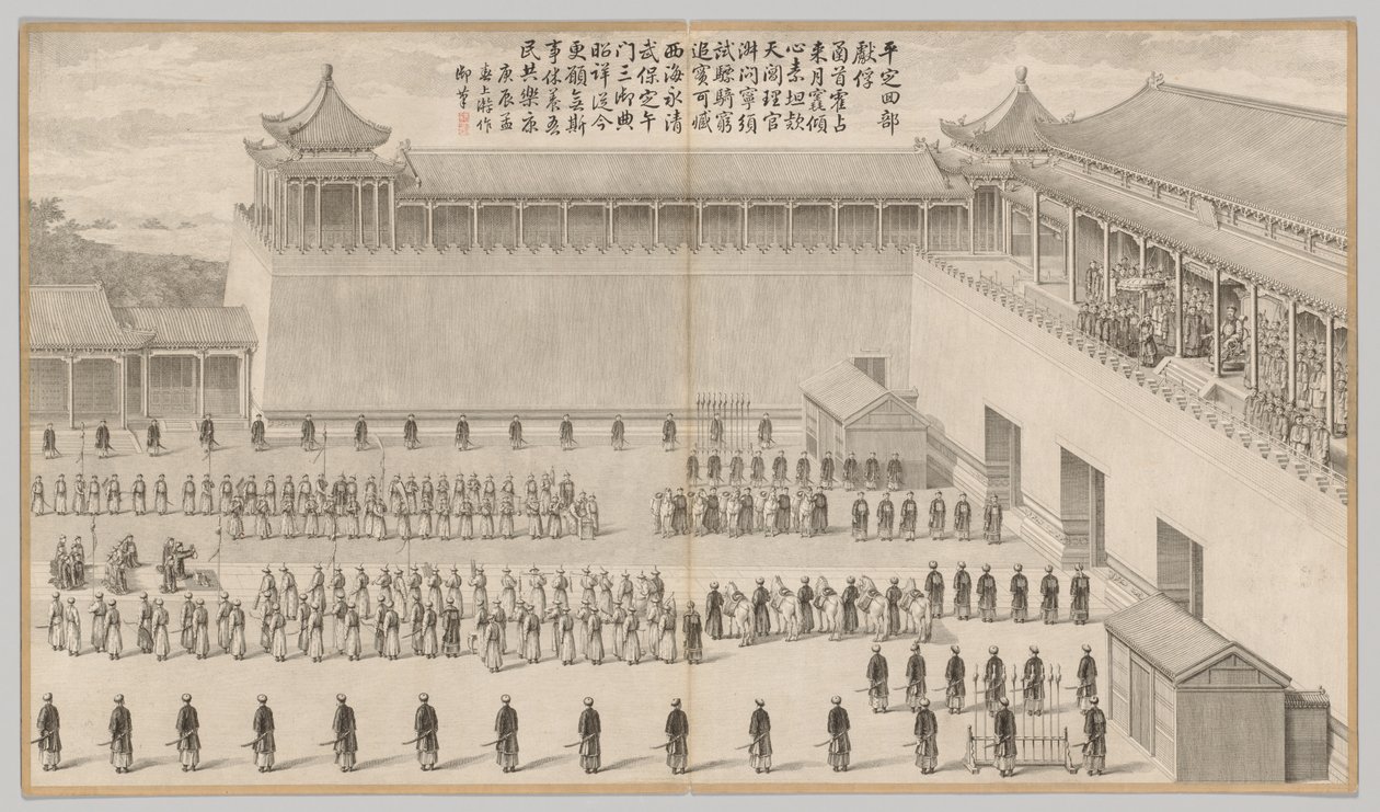 ウイグル人の捕虜のプレゼンテーション：反逆の叫びの戦いの場面から...、c。 1765-177 作： ジャン・デニス・アタイレット