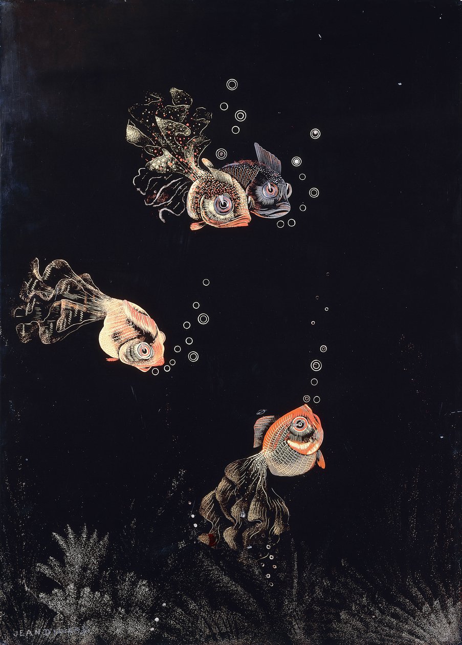 赤と金の魚が気泡を吹く水中シーンを描いた、ジャン・デュナン