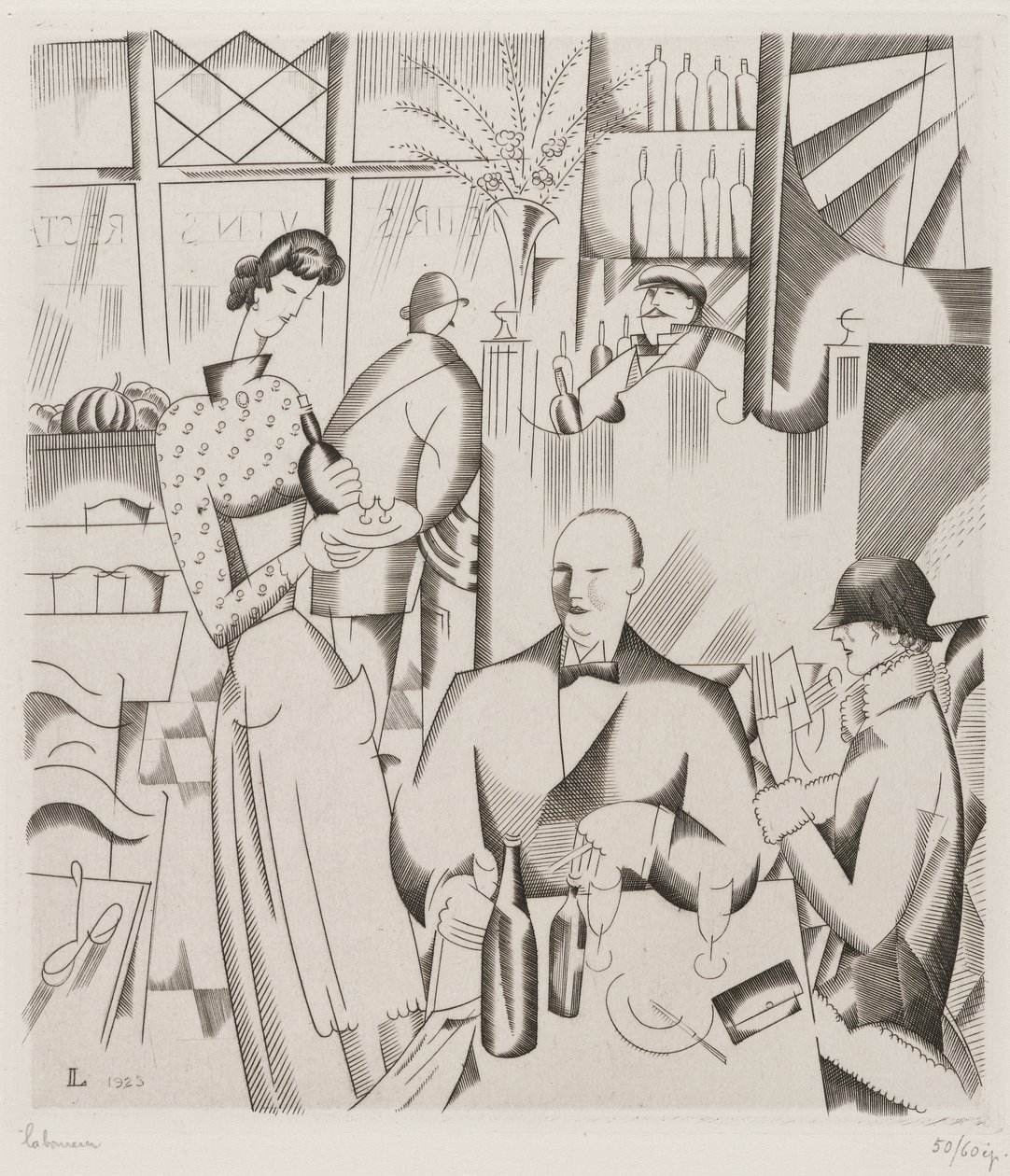 ビストでのディナー（Le diner chez le bistrot）、1923（織り紙に彫刻） 作： ジャン・エミール・ラブルール