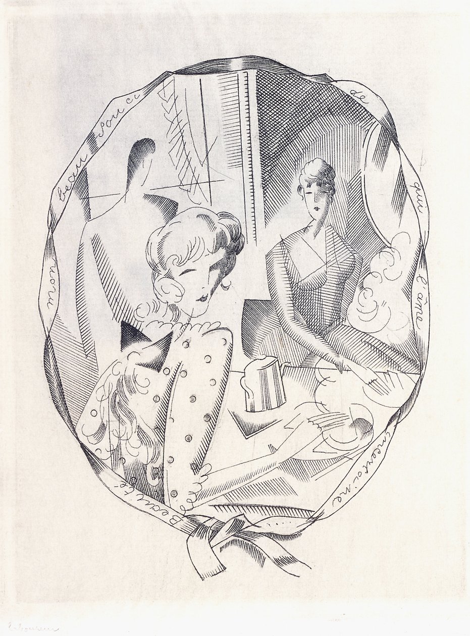 2つのコケットと紳士のイラスト、1920年 作： ジャン・エミール・ラブルール