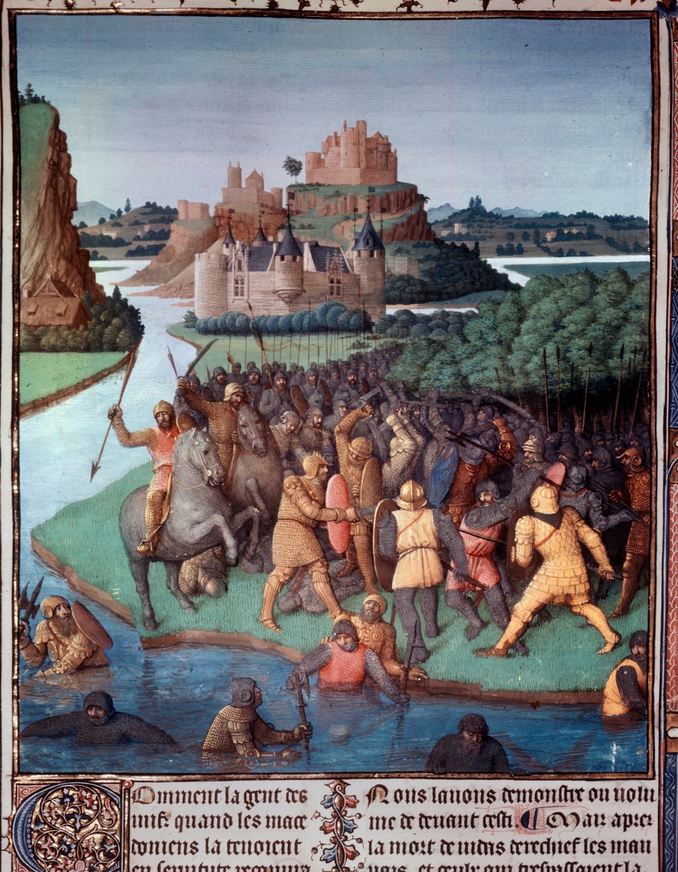 ユダヤ人とマケドニア人の戦い ミニチュア ジャン・フーケ（1420-1481）の「古代ユダヤ人の書」（Judaic Antiquites）からの引用 15世紀 パリ、B.N. 作： ジャン・フーケ