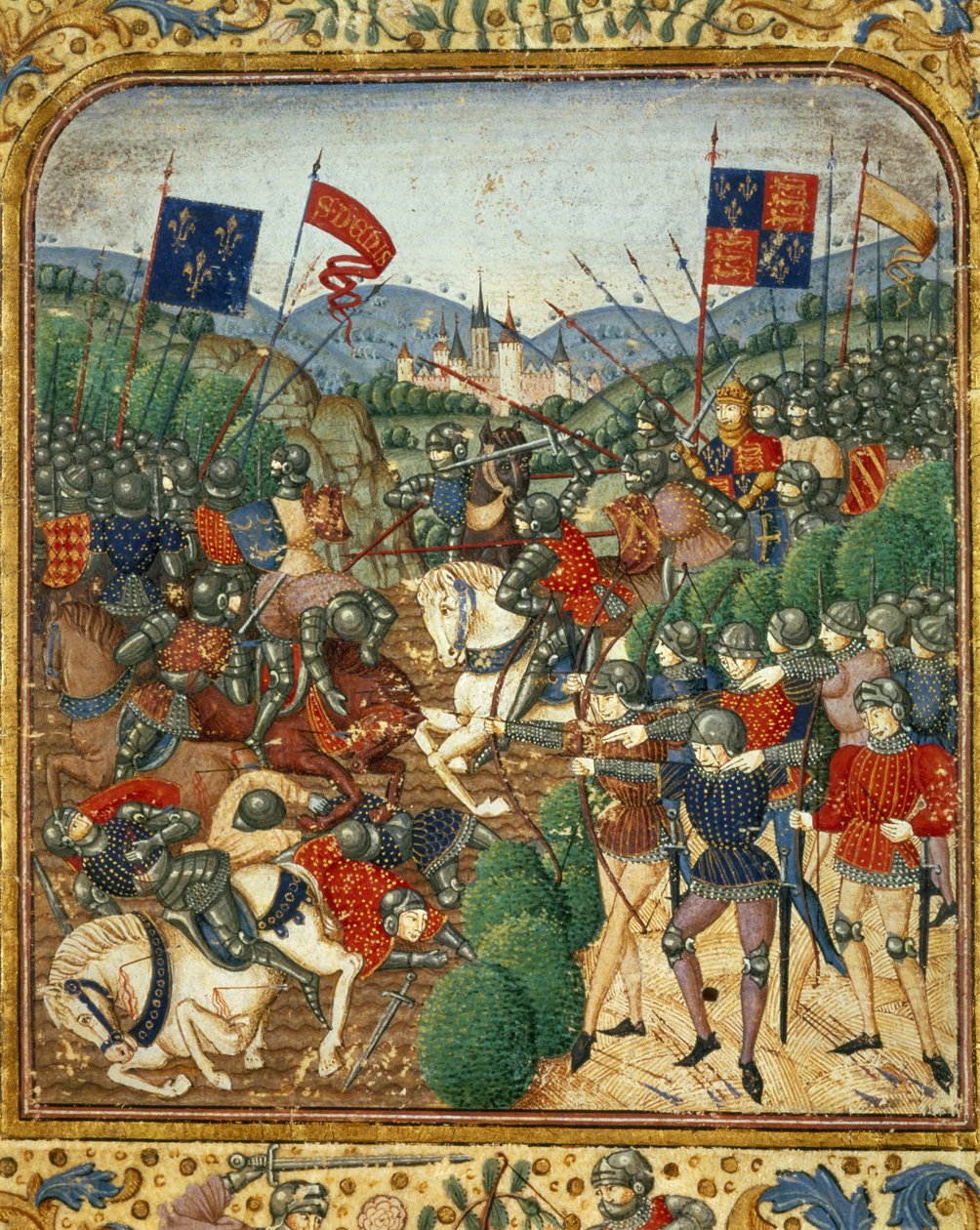 アジンクールの戦い（1415年）。百年戦争では、イングランドのヘンリー5世がフランスのアルマニャック党を破った（ジャン・フーケ著「フランス大年代記」1467～1476年頃）。)ヴィクトリア＆アルバート図書館 作： ジャン・フーケ