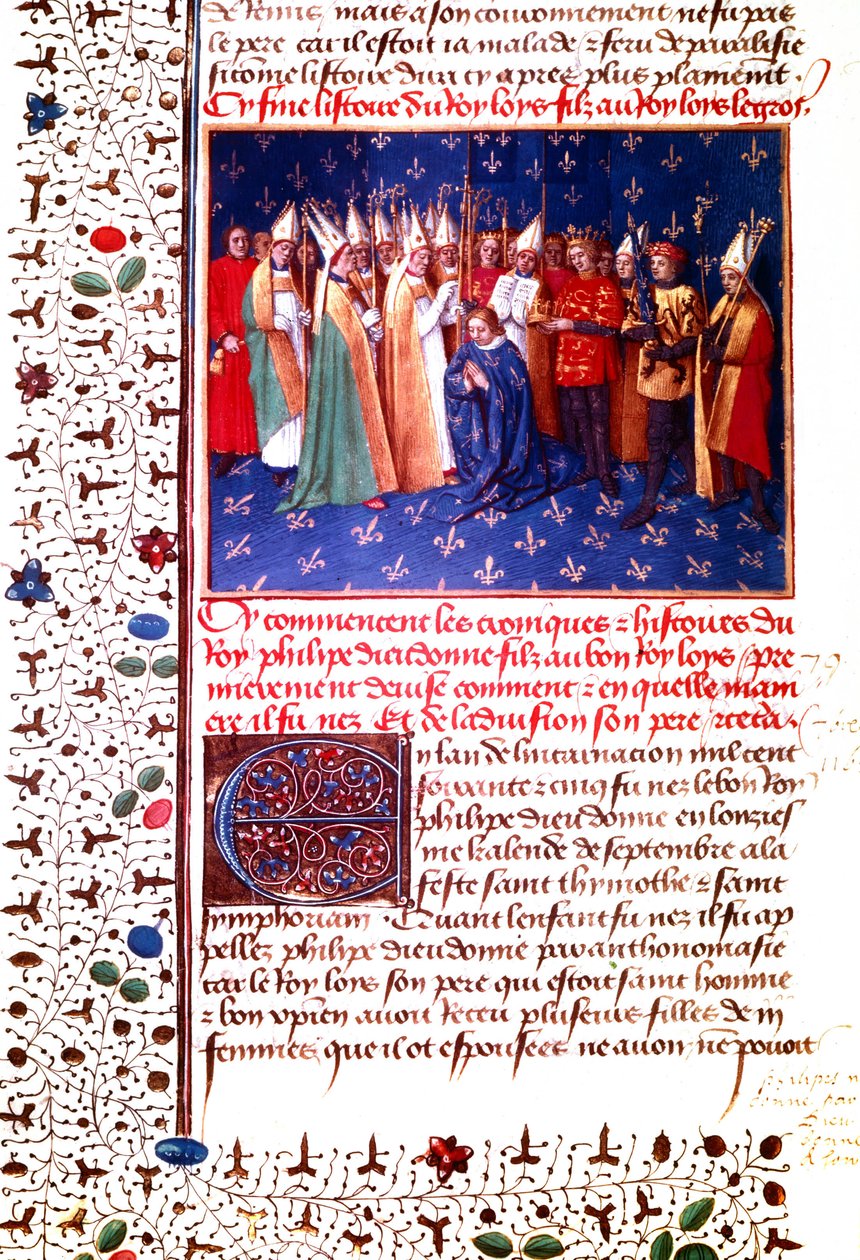 1179年、フランス王フィリップ2世オーギュストの戴冠式、1455-60年頃（細密画） 作： ジャン・フーケ
