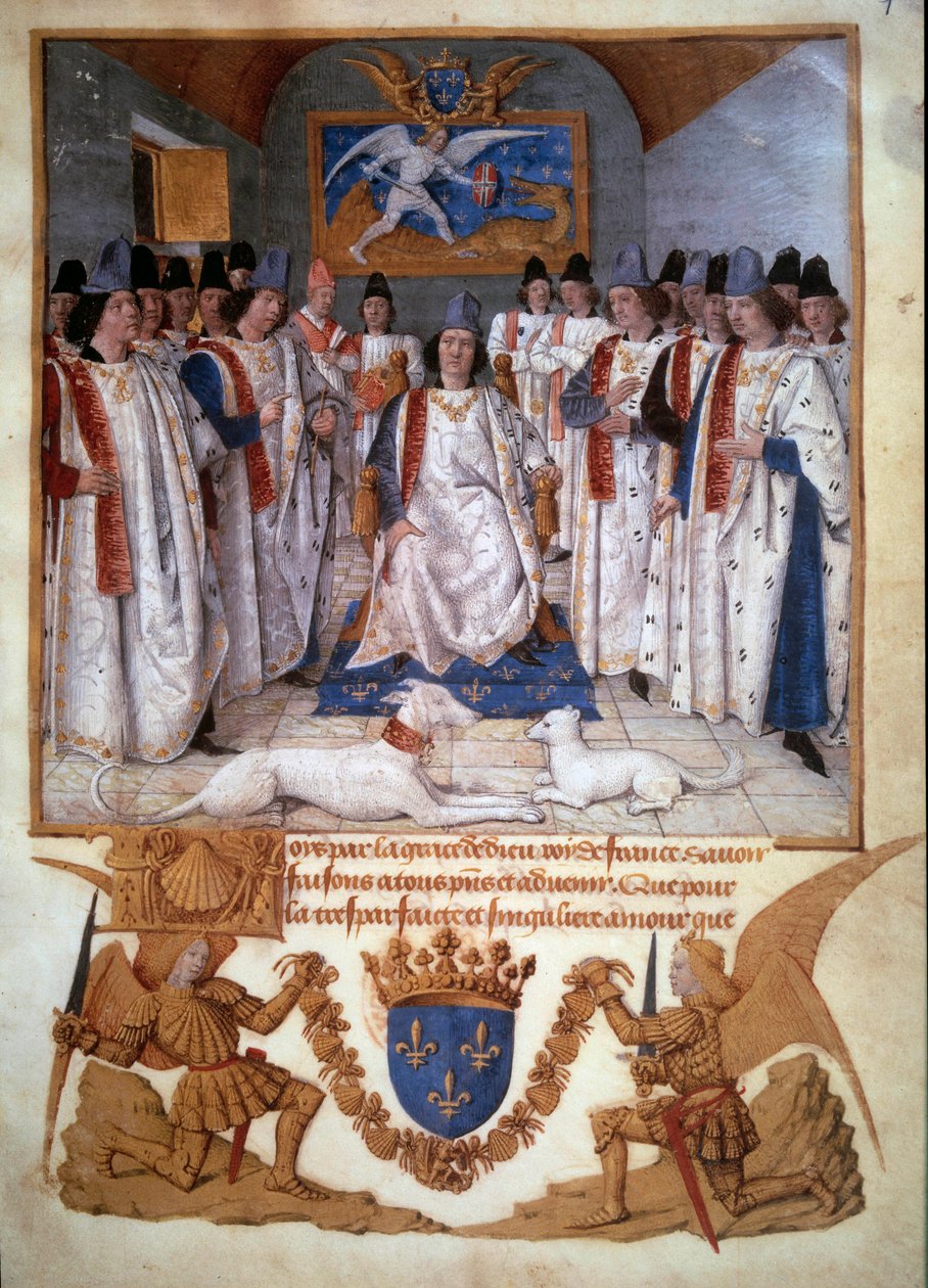 ルイ11世(1423-1483)の頃のサン・ミシェル騎士団の支部開催 ジャン・フーケ(1420-1481)の「サン・ミシェル騎士団の規約」のミニチュア 1470年 パリ、B.N. 作： ジャン・フーケ