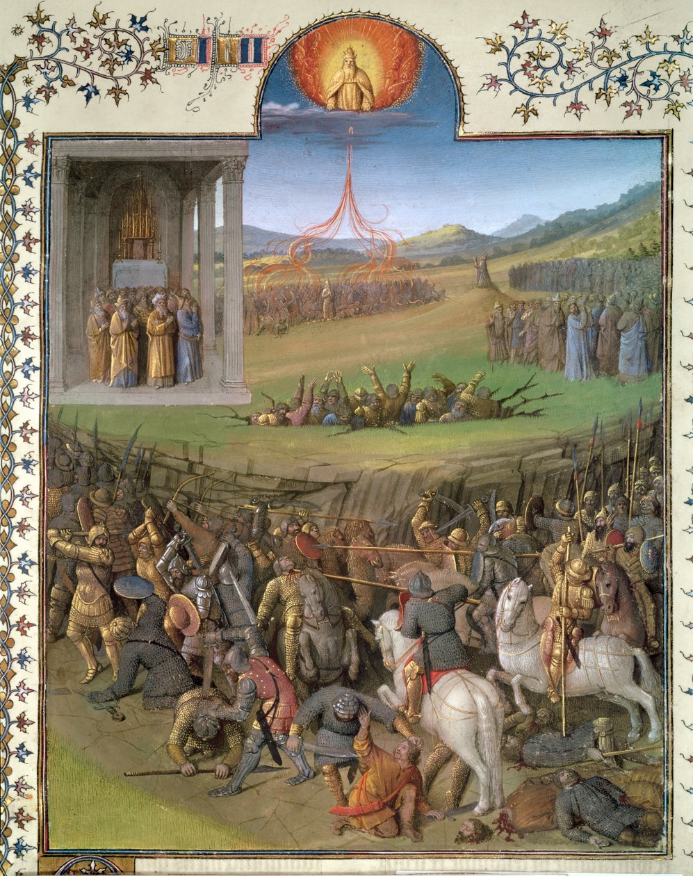 Fr 247 f.70カナン人へのヘブライ人の戦いとコラと反逆者の懲罰、「古代ユダヤ人」からの挿絵、1470年頃 作： ジャン・フーケ